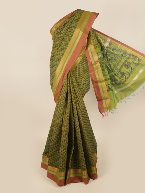 

Pothys Green & Brown Floral Zari Silk Cotton Saree