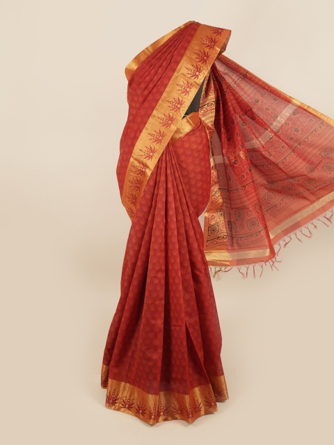 

Pothys Orange & Gold-Toned Floral Silk Cotton Saree