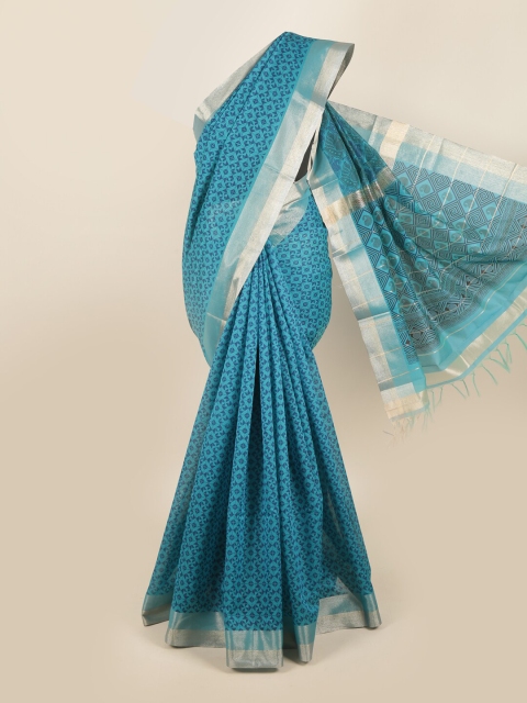 

Pothys Blue & Silver-Toned Zari Silk Cotton Saree