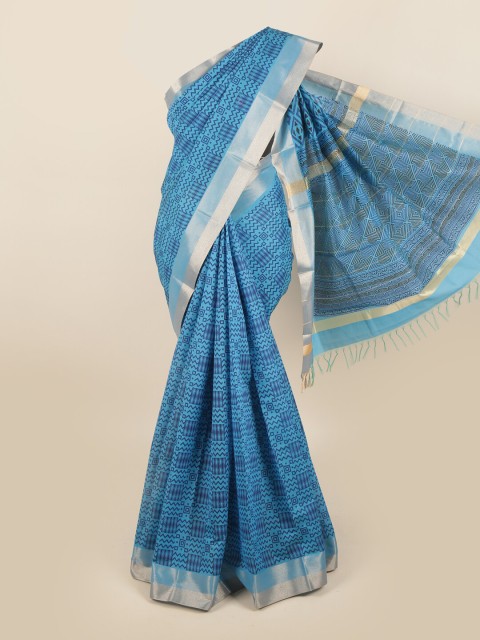 

Pothys Blue & Silver-Toned Zari Silk Cotton Saree