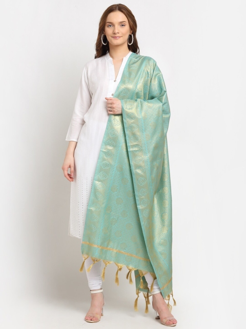 

LOOM LEGACY Turquoise Blue & Gold-Toned Banarasi Silk Jacquard Dupatta