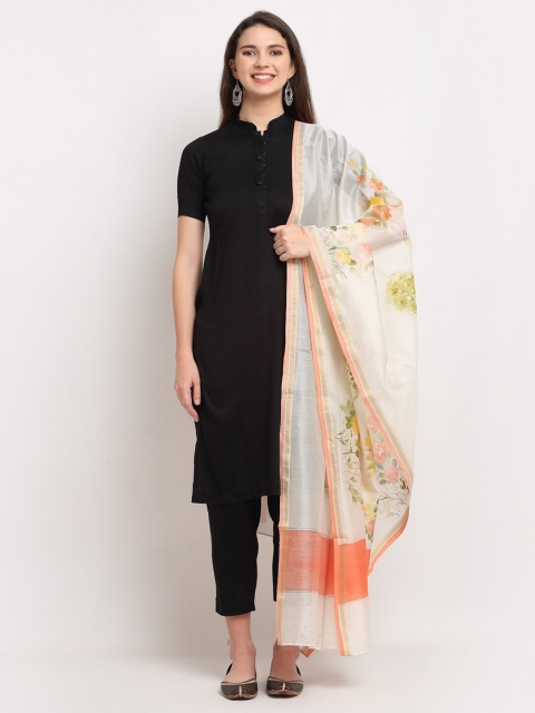 

LOOM LEGACY Off White & Orange Printed Chanderi Cotton Silk Dupatta