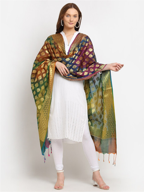 

LOOM LEGACY Multicoloured Ethnic Motifs Woven Design Banarsi Silk Jacquard Dupatta, Multi