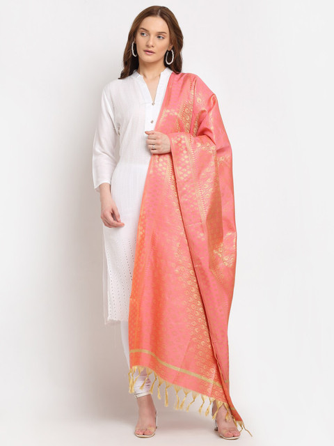

LOOM LEGACY Pink & Gold-Toned Ethnic Motifs Woven Design Banarsi Silk Jacquard Dupatta