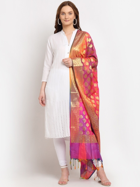 

LOOM LEGACY Magenta & Purple Ethnic Motifs Woven Design Banarsi Silk Jacquard Dupatta