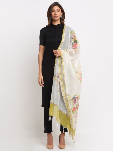 

LOOM LEGACY Off White & Rose Printed Chanderi Cotton Silk Dupatta