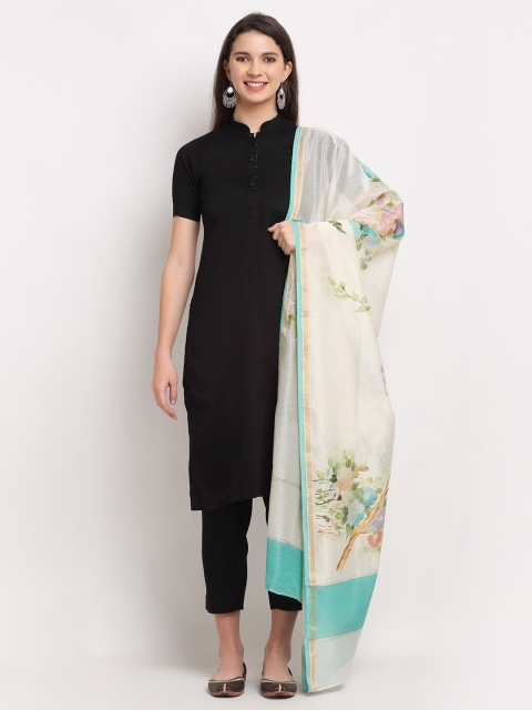 

LOOM LEGACY Off White & Blue Printed Chanderi Cotton Silk Dupatta