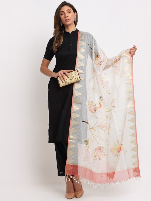 

LOOM LEGACY Off White & Red Printed Kota Pure Silk Dupatta
