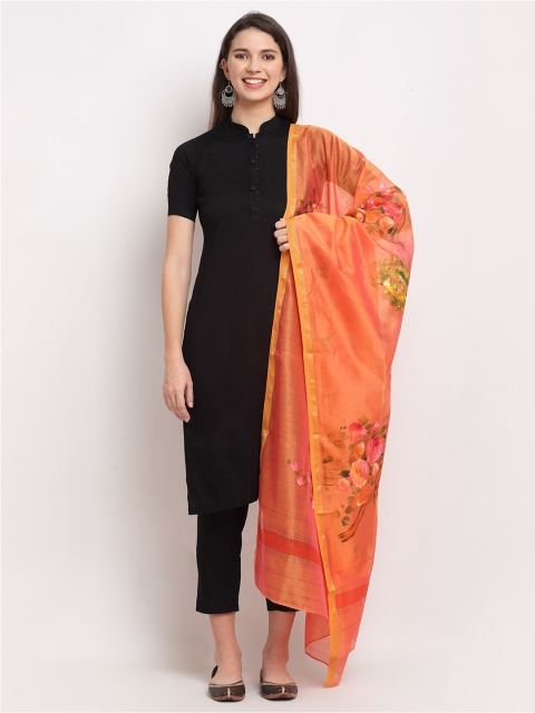 

LOOM LEGACY Orange & Green Printed Chanderi Cotton Silk Dupatta