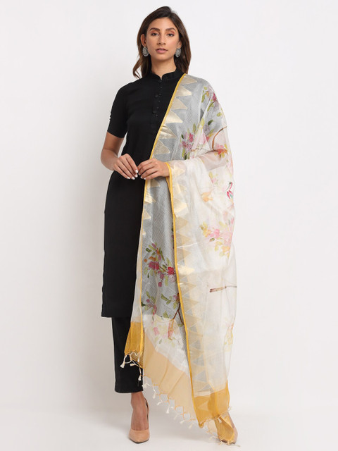 

LOOM LEGACY Off White & Yellow PrintedKota Pure Silk Dupatta with Zari
