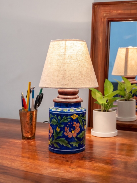 

Neerja Pink & Blue Printed Ceramic Hand-Painted Traditional Table Lamp without Shade