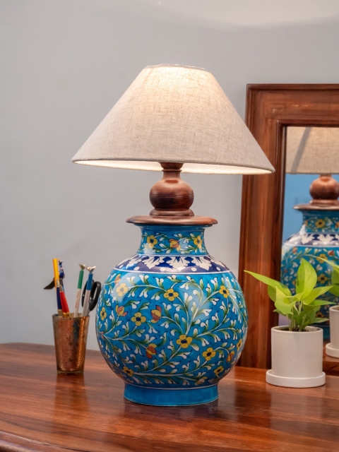 

Neerja Turquoise Blue & Yellow Ceramic Hand-Painted Traditional Table Lamp without Shade