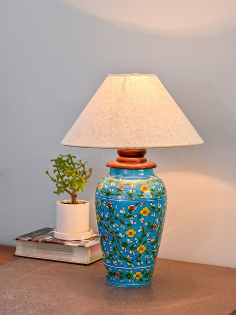 

Neerja Green & Turquoise Blue Ceramic Hand-Painted Traditional Table Lamp without Shade