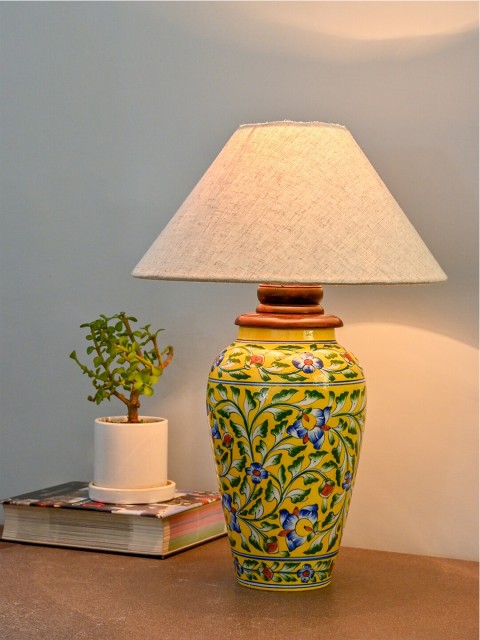 

Neerja Blue & Yellow Printed Ceramic Hand-Painted Traditional Table Lamp without Shade