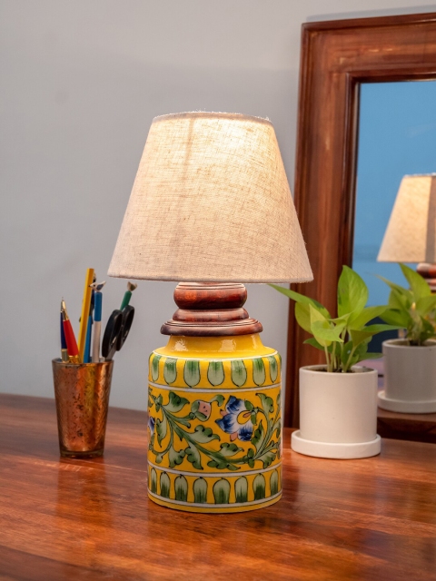 

Neerja Yellow & Green Printed Ceramic Hand-Painted Traditional Table Lamp without Shade