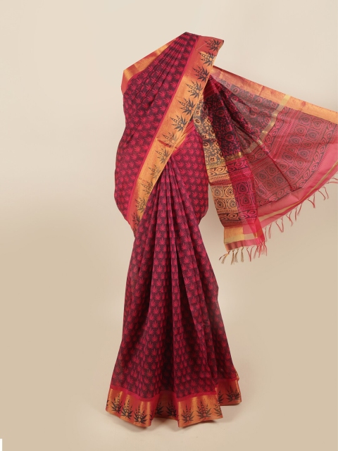 

Pothys Magenta & Gold-Toned Floral Silk Cotton Saree