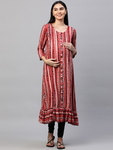 

MomToBe Women Coral & Peach-Coloured Striped Maternity Anarkali Kurta