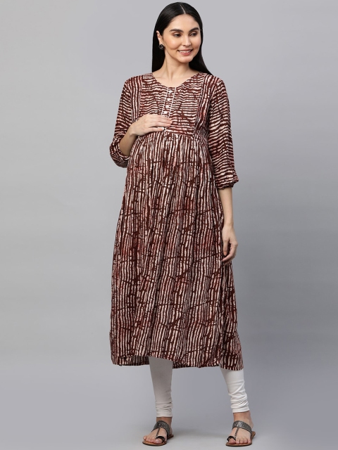 

MomToBe Women Maroon Striped Anarkali Kurta