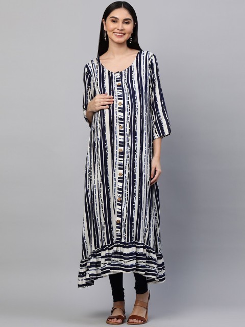 

MomToBe Women Cream-Coloured & Blue Striped Maternity A-line Kurta