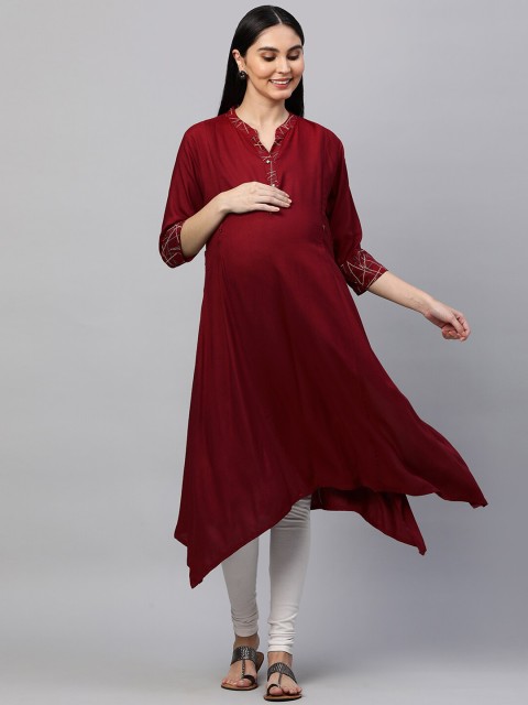 

MomToBe Women Maroon Solid Maternity Kurta