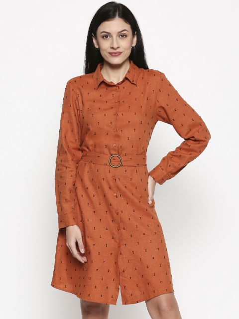 

People Orange Printed Cotton Shirt Dress