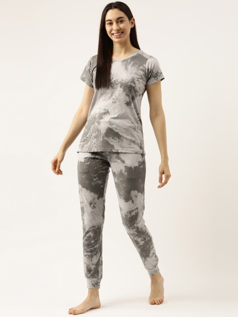 

Clt.s Women Grey & White Tie-Dye Cotton Night suit
