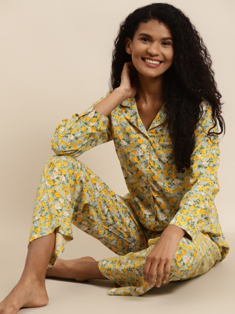 

Juniper Women Grey & Yellow Floral Printed Night suit