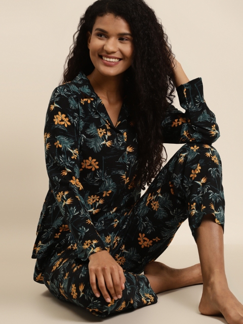 

Juniper Women Black & Mustard Yellow Floral Printed Night suit