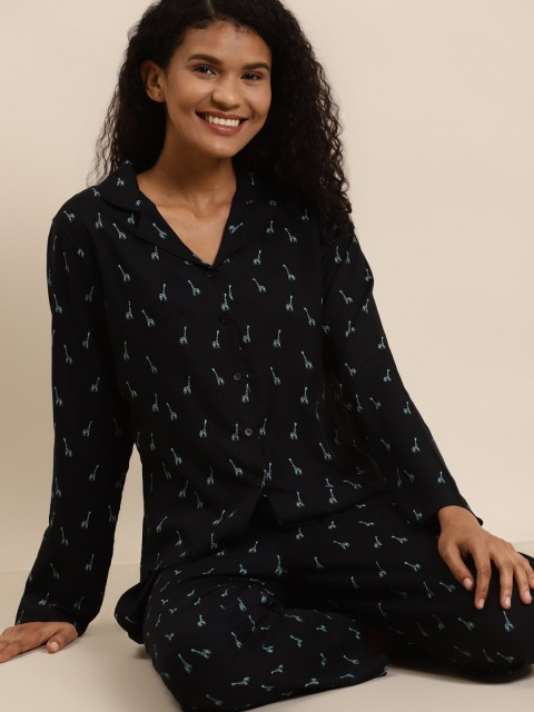 

Juniper Women Black & Blue Printed Night suit