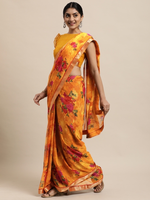 

Satrani Orange Floral Printed Pure Chiffon Saree