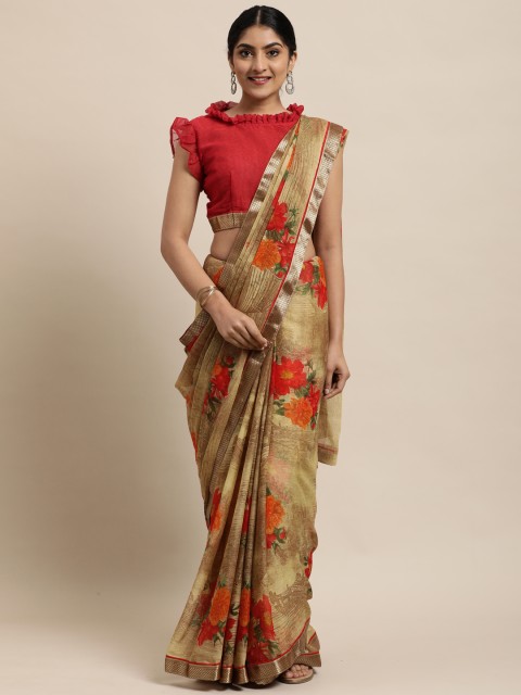 

Satrani Beige Floral Printed Pure Chiffon Saree