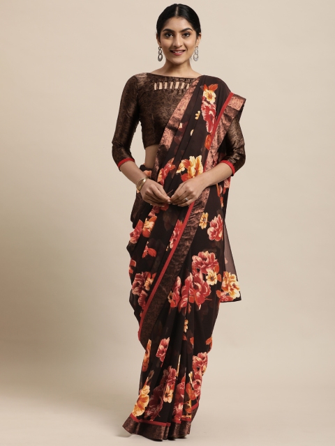 

Satrani Black & Red Floral Printed Satin Lace Pure Georgette Saree