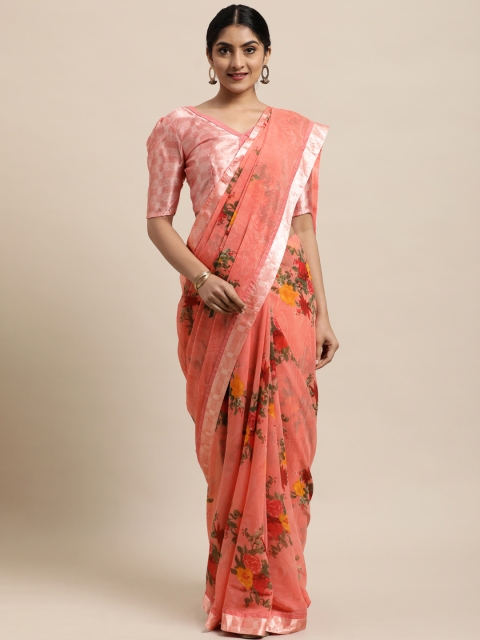 

Satrani Peach-Coloured Floral Printed Pure Georgette Saree