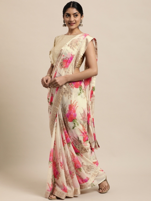 

Satrani Cream-Coloured Floral Printed Pure Georgette Saree