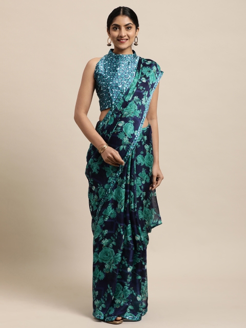 

Satrani Blue Floral Pure Chiffon Saree