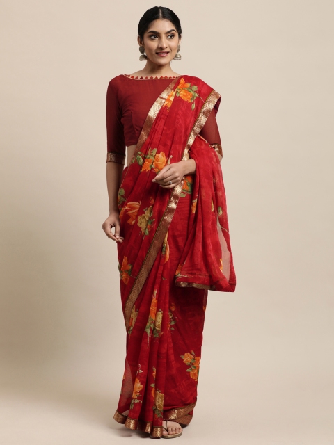 

Satrani Red Floral Printed Lace Pure Chiffon Saree