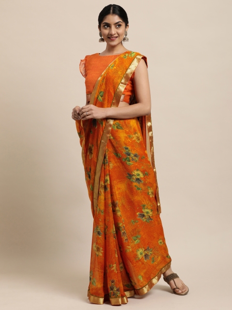 

Satrani Orange Floral Pure Chiffon Saree