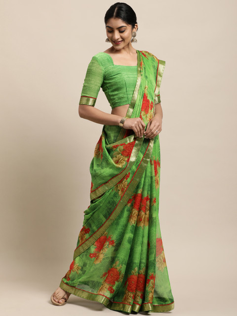 

Satrani Green Floral Pure Chiffon Saree