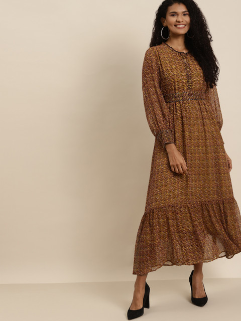

Juniper Women Mustard Yellow & Brown Ethnic Motifs Print Maxi Dress