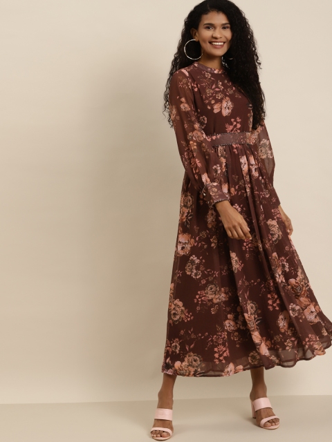 

Juniper Women Maroon & Peach-Coloured Floral Print Maxi Dress