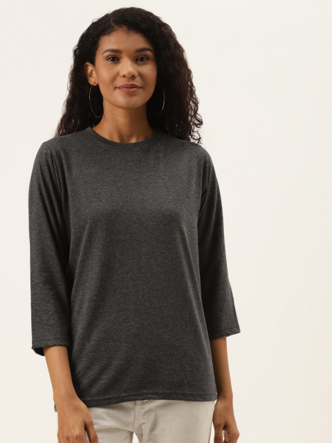 

PRINTOCTOPUS Women Charcoal Grey Pure Cotton Solid T-shirt