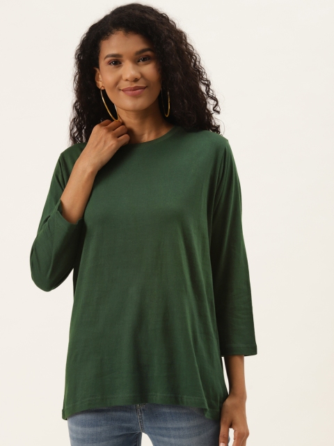

PRINTOCTOPUS Women Green Solid Pure Cotton T-shirt