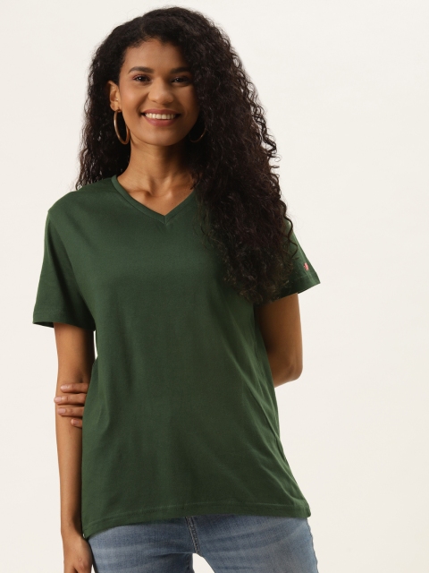 

PRINTOCTOPUS Women Green Solid Pure Cotton V-Neck Pure Cotton T-shirt