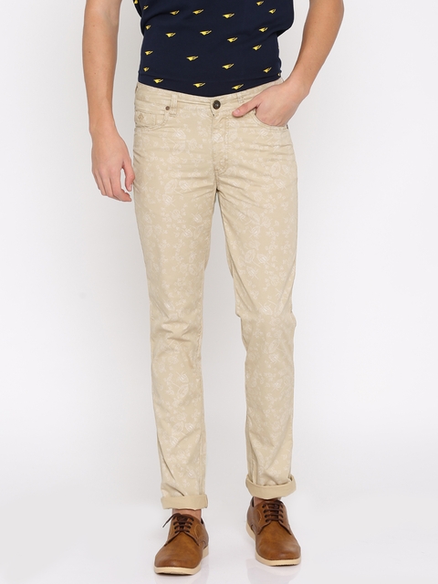 Solly Jeans Co. Men Beige Printed Trenim Fit Flat-Front Trousers