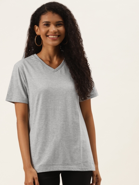 

PRINTOCTOPUS Women Grey Melange V-Neck Pure Cotton Solid T-shirt