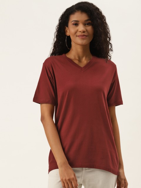 

PRINTOCTOPUS Women Maroon V-Neck Pure Cotton Solid T-shirt