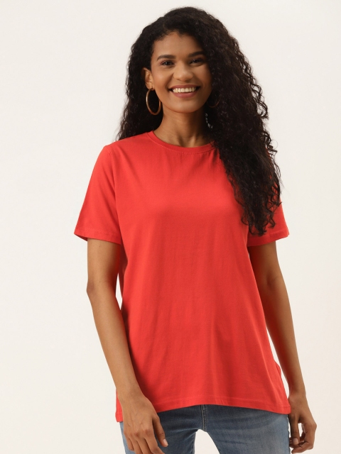 

PRINTOCTOPUS Women Red Pure Cotton Solid T-shirt