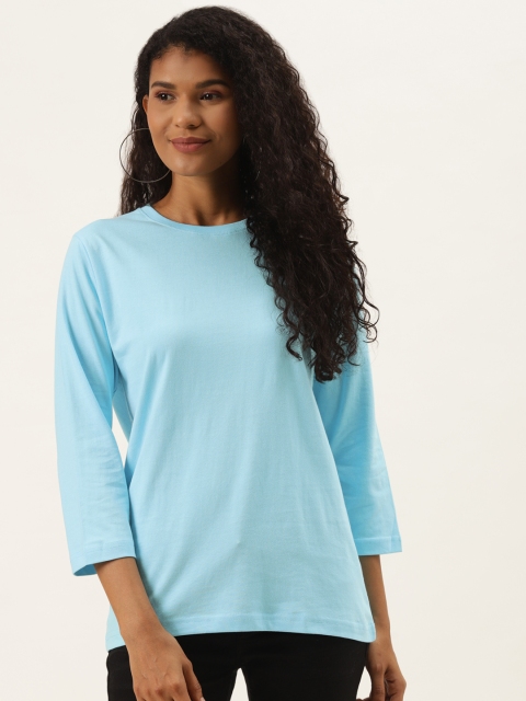 

PRINTOCTOPUS Women Blue Pure Cotton Solid T-shirt