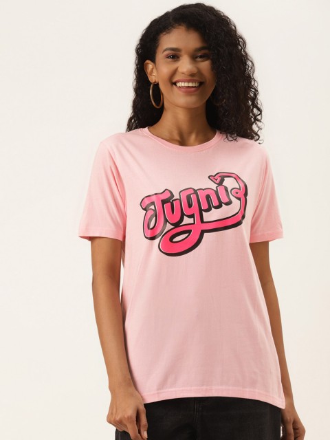 

PRINTOCTOPUS Women Pink & Black Pure Cotton Typography Printed T-shirt