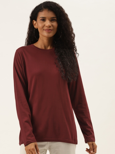 

PRINTOCTOPUS Women Maroon Pure Cotton Solid T-shirt